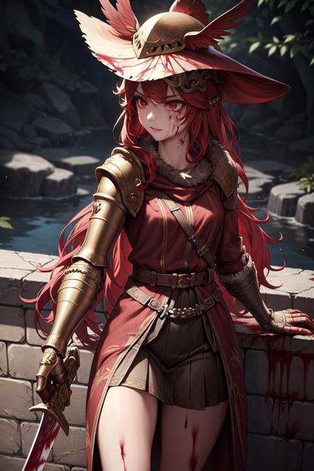 ((best quality)), ((masterpiece)), (detailed), ultra detailed, 1girl, solo
stare, looking at viewer, (interview:1.3),
malenia blade of miquella, 
 <lora:MaleniaMv3:0.7>
1girl, blood, blood_on_clothes, blood_on_hands, blood_on_weapon, blood_splatter, blood_stain, feathers, gloves, guro, hat, hat_feather, helmet, holding, holding_weapon, long_hair, red_hair, solo, sword, weapon,