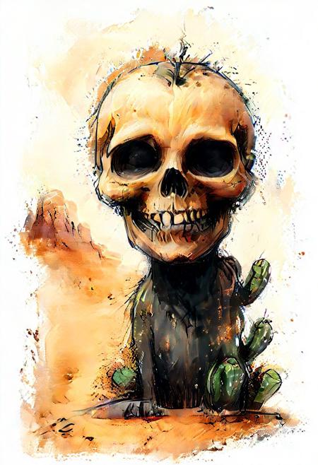 impactful color paint of cute drawing of a skull in desert, snake, cactus, highly detailed,  8k,   sharp,  professional, clear,   high contrast, crystal clear
