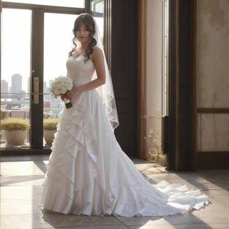 <lora:twcoser_02:0.7>, 1girl, solo, photorealistic, realistic, (indoors, wedding party, lobby), cosplayer, looking at viewer, sunshine, sun, skyline, (wedding dress, veil), (black hair)