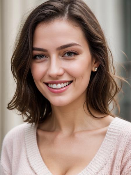 instagram photo, high quality, closeup face portrait photo of beautiful european woman, detailed face, skin pores, in white sweater, cleavage, pale skin, cinematic shot, dramatic lighting ,closeup face photo in pink sweater, cleavage, pale skin, (smile:0.3)(perfect teeth) (perfect detailed eyes) ,hyperdetailed photography, soft light. hard shadows.