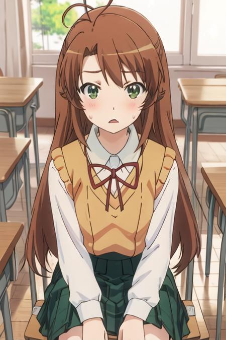 best quality, masterpiece, highres, solo, {koshigaya_komari_nonnonbiyori:1.15}, brown_hair, long_hair, green_eyes, blush, antenna_hair, bangs, 1girl, chair, collared_shirt, desk, indoors, neck_ribbon, red_ribbon, ribbon, school_uniform, shirt, sweater_vest, upper_body, white_shirt, classroom, sitting, long_sleeves, school_chair, school_desk, wooden_floor, ahoge, closed_mouth, open_mouth, sweatdrop