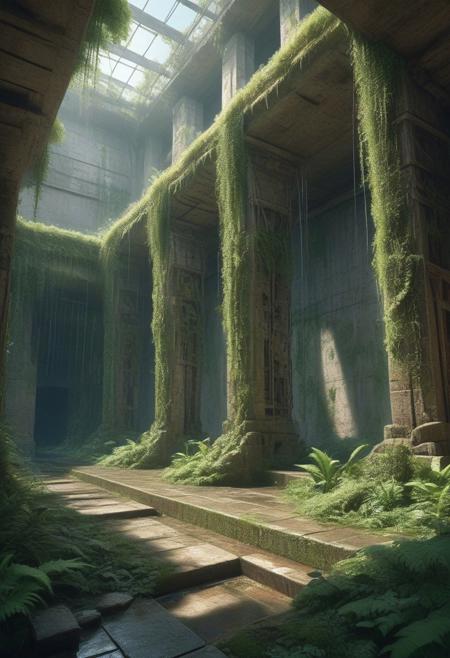 masterpiece, best quality, ultra-detailed, breathtaking scope -- A low-angle perspective looking directly upwards at the colossal, decaying remnants of an ancient concrete megastructure, perhaps a forgotten arcology wall or aqueduct, now thoroughly consumed by rampant, overgrown nature. Enormous roots and thick vines snake across the weathered, cracked concrete surfaces, prying open seams and revealing rusted rebar skeletons within. Water cascades down sections of the structure, stained green and brown with algae and moss, feeding the lush, varied foliage – ferns, flowering creepers, and small trees – that clings precariously to ledges and crevices. Sunlight struggles to penetrate the dense upper canopy far above, creating dramatic, ethereal god rays that pierce the humid air and illuminate floating dust motes and spores. Rendered in the style of exceptionally detailed background art found in classic anime films like Memories (Magnetic Rose) or Nausicaa of the Valley of the Wind, emphasizing hand-painted textures of concrete, metal, and vegetation, incredible detail density, atmospheric perspective showing immense scale, cinematic lighting that highlights the interplay of light and shadow on complex surfaces, and a nostalgic, slightly melancholic hand-drawn cel look with fine film grain. Sense of awe, solitude, and nature's reclamation. marbels