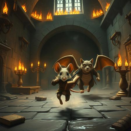 Inside castle, burning torches on walls, metal bars, candelabra, little mouse whit a little rusty armor a small sword on his back runing escaping holding a shining book, behind a furious big cat in a dragon suit chasing the mouse, throwing fire, dust from his paws, parts of the castle falling from the roof, trembling, water puddles, cells, realistic,