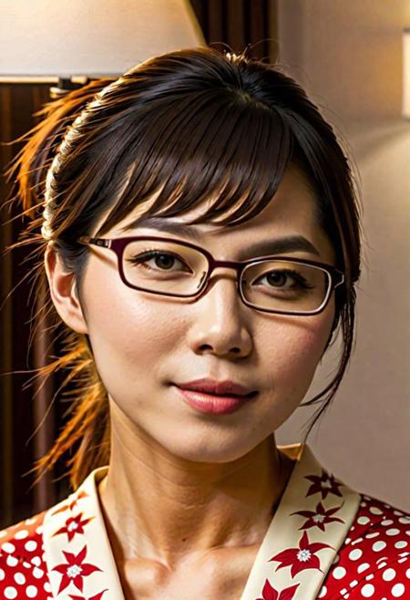 masterpiece, best quality,   RAW photo, (photorealistic:1.37, realistic), highly detailed CG unified 8K wallpapers, 8k uhd, dslr, soft lighting, high quality, film grain, Fujifilm XT3, (professional lighting:1.6),  Japanese adult woman with glasses, medium hair bangs, ponytail, thick lips, small breasts, thick thighs, big waist, look at viewer, detailed face and eyes, pajamas