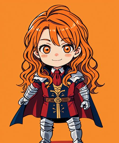 simple background, orange background, cute, chibi, full body, looking at viewer, smile <lora:FerdinandvonAegir:0.7> ferdinandvonaegir, long hair, armor, cape  <lora:Cutedoodle_SD15:0.65> cute doodle