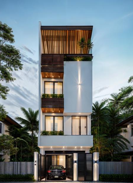 RAW photo, outdoor, (residential architecture exterior:1.3), 1 house architecture, (elegant), Singapore tropical modern house style, white wall and glass and rock and black steel and wood, (Luxury home with exquisite finishing:1.3), (wood),Beautiful tropical garden, warm yellow light in the interior, dark night sky, (high detailed:1.2), (Evening environment with warm dominant interior lighting), 8k uhd, ds, soft lighting, high quality, film grain, Fujifilm XT3   <lora:Townhouse:0.6>  <lora:add_detail:0.5> <lora:epi_noiseoffset2:0.2>