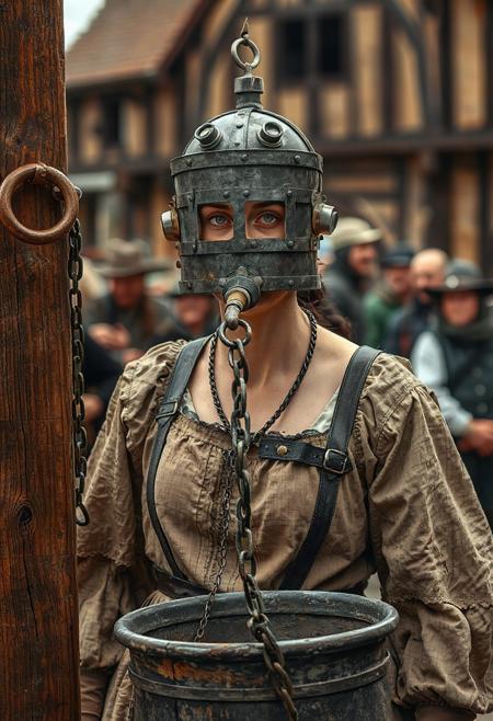 overall wide-angle full height standing view from a distance of 20 metres, a women captive with a very long neck is wearing a medieval close-fitting full face polished iron framework head casing, it fits closely to her head and neck, the iron framework head casing has two projecting eyepieces in the form of long iron tubes and the iron neck casing is very tall  and there is an iron tethering loop attached to the iron panel covering her mouth and iron trumpet cones emerge from her ears, the casing is fastened with a padlock at the back of her head, (she is wearing a ragged medieval dress and there is a chain running from the tethering loop at her mouth to a ring on a wooden post:2.0), she is attempting to drink from a cattle trough through her drinking tube, an unruly crowd is laughing at her,  on a wooden platform at a Renfaire in a mock medieval town square with a pretentious lord supervising her punishment