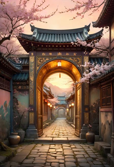 Forgotten Street Fairytale ,  crumbling city walls covered in faded murals, mysterious portals leading to lost fairytale worlds, faceless figures in vintage clothing, soft twilight hues, romanticized, digital painting, East Asian aesthetics, golden lighting, intricate textures, symmetrical composition, circular vignette, serene atmosphere, traditional architecture, cherry blossoms, fantasy elements, fine-art style, symbolic imagery, soft color palette, elegant mood