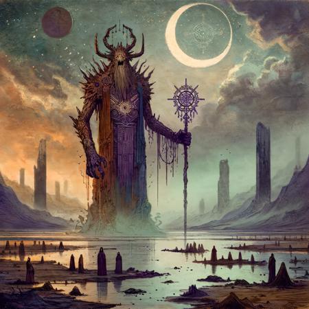 arafed image of a giant horned creature standing in a desert, metal album cover art, ghost of kiev, t-pose of male magic wizard, the father of sorrow and revenge, ominous depths, fungal god, the reach, album art cover, the orb of eternity, dark ruins