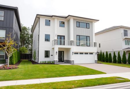 exterior of a modern two story building, decor, wide view, with a garage and lawn