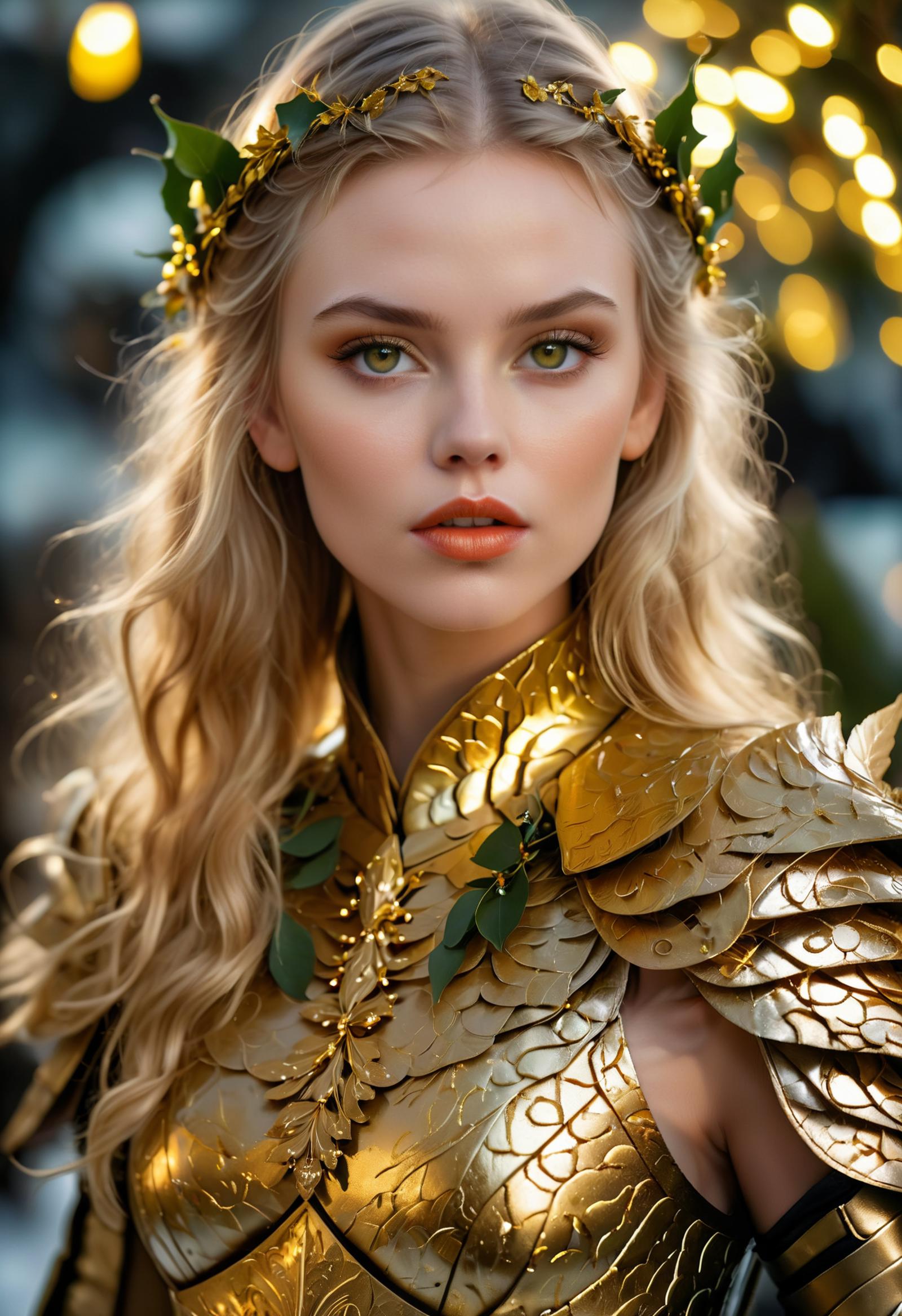 A beautiful blonde woman wearing a gold crown and gold leaf adornments.
