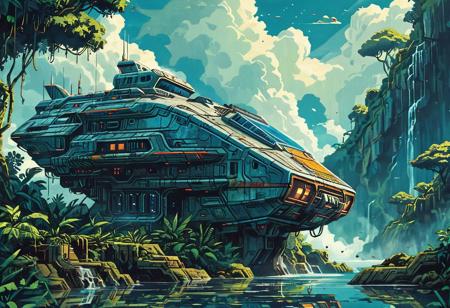 book cover, Retro futuristic Image, a spaceship (long abandoned) in a jungle, spaceship half submerged, sharp, high detailed, realistic, day, blue sky, colorful