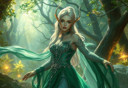 Ethereal elf cosplayer, flowing emerald & silver gown, delicate fabrics, sparkling jewels, hourglass figure, luminous skin, gentle expression, pointed ears. Magical forest backdrop, glowing flora, mystical creatures. Trending on Artstation. Baroque painting. Cinematic lighting.