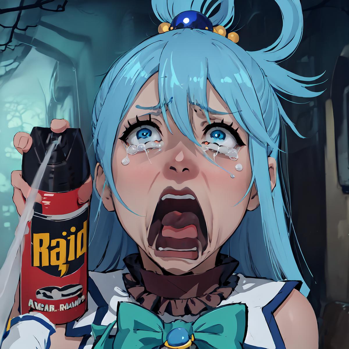 A cartoon girl with blue eyes is holding a spray bottle and crying.