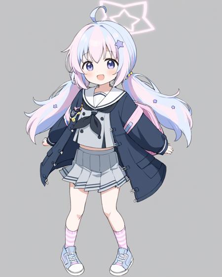 reisa \(blue archive\),1girl, solo, star_\(symbol\), star_hair_ornament, backpack, full_body, striped_socks, pleated_skirt, simple_background, grey_skirt, pink_socks, ahoge, white_sailor_collar, long_sleeves, holding, looking_at_viewer, grey_background, low_twintails, :d, open_mouth, sneakers, black_neckerchief, necktie, gun, blush, black_jacket, serafuku, open_jacket, star_halo, white_footwear, light_blush, grey_shirt
<lora:reisa_(blue_archive)_image894_2023-11-28:1>halo. gorgeous,key visual, vibrant, studio anime,award-winning, professional, highly detailed,high budget, cinemascope