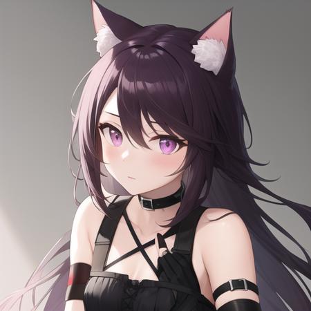 masterpiece,best quality,absurdres,highres,1girl,solo,upper body,(portrait:1.2),animal_ears,very_long_hair,black_gloves,cat_ears,fingerless_gloves,thigh_holster,black_dress,cat_tail,looking_at_viewer,black_thighhighs,asymmetrical_gloves,animal_ear_fluff,uneven_gloves,short_dress,purple_hair,black_footwear,cat_girl,elbow_gloves,thigh_strap,zettai_ryouiki,black_hair,pink_eyes,armband,choker,sleeveless_dress,criss-cross_halter,bangs,hair_between_eyes,purple_eyes,arm_strap,boots,small_breasts,<lora:Melantha(ark)>,