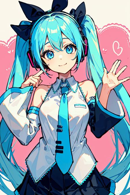 <lora:TrNyteal:0.8>1girl, updo, skirt, bow, shirt, necktie, hatsune miku, detached sleeves, hair bow, black skirt, smile, pleated skirt, blue bow, collared shirt, ear bow, looking at viewer, black sleeves, cowboy shot, sleeveless shirt, hatsune miku (cosplay), cosplay, bangs, sleeveless, >_<, headphones, blue eyes, heart, closed mouth, hands up, white shirt, blue hair, aqua necktie, bare shoulders, long sleeves, aqua hair