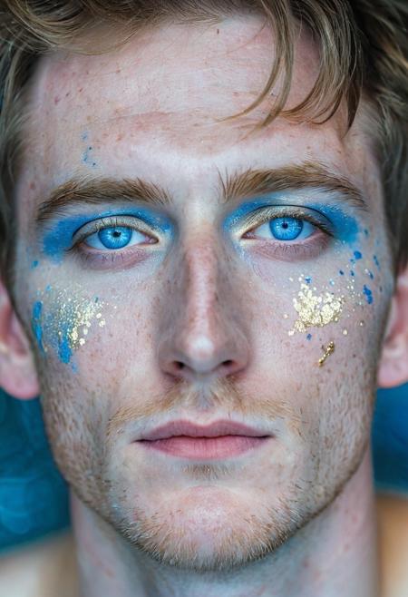 Close-up photography of a man with blue eyes and expressive gaze, splashes of silver and gold pigments on her face. Pale skin with a few freckles. Background is slightly blurred, ethereal and enchanting atmosphere.