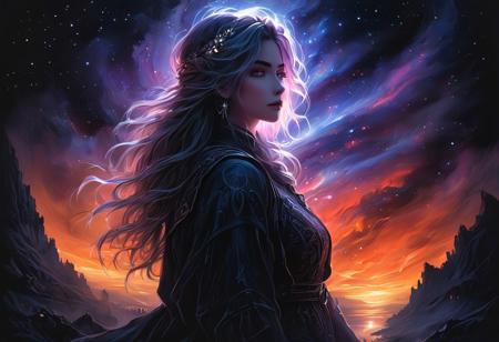 (masterpiece), (best quality), (ultra-detailed), Midjourney, MJ, Midjourney style, poster, manga, anime, gothic (masterpiece, best quality, hyperdetailed, ultra-realistic, 32k, RAW photo), low-key, chiaroscuro, (((close-up ethereal girl: 1.5))), BREAK, a hidden place where (((glowing traces of wandering souls: 1.3))) are cursed to remain creatures, a forest of glowing purple and red mushrooms, a ruined star vortex collides in the sky, 3 suns in the sky, fog on the calm waters of a lake, (((fortress on a hill))), BREAK, a dark silhouette of a hero in dust, mysterious, mesmerizing, dramatic, ornate, detailed, in a mesmerizing atmospheric dark fantasy style, VHS, horror, 80's horror with bright colors, the scene is captured in a dimly lit dark fantasy, but in bright, luminous colours, with thick ink lines defining the form against a background of watercolour washes on old paper, illustration, disheveled hair, detailed eyes, perfect composition, moist skin, intricate details, earrings,