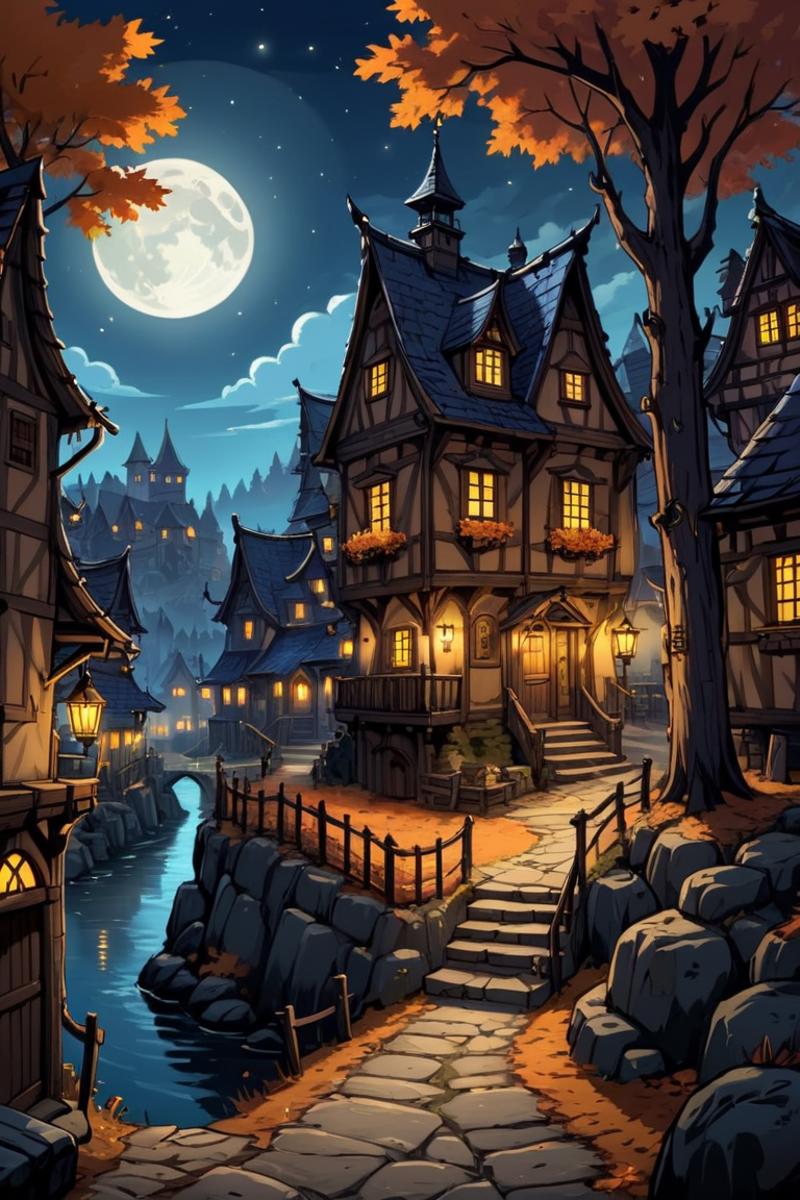 A nighttime town scene with a moon in the sky.