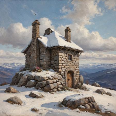 oil painting of a large stone-built dwelling situated atop a snow-covered mountain. The structure is made of large, irregularly shaped stones stacked to form a square shape, it has an ancient wooden door, with windows to either side, a shingle roof with a stone chimney. The sky is clear with a few scattered clouds, and the distant horizon shows a range of mountains under a blue sky. The snow on the ground is pristine, with a few rocks and delicate flowers protruding through the surface. There are no people visible in the image. The overall scene conveys a sense of isolation and rugged natural beauty.