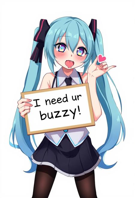 anime style, full body size, mature vocaloid, hatsute miku, skirt, stocking, simple background, playful, (((wet tongue out))), drooling, heart shaped pupils, holding sign with a text "I need ur buzzy", funny pose