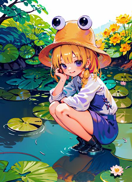 <lora:suwako:0.8>,1girl, hat,blonde hair, white shirt,purple skirt,full body,wet,thick thighs,Asian Squat,frogs,Rain, many lotus leaves:1.4,pond,looking at viewer, light smile,orz \(orz57\), <lora:像素画:0.8>