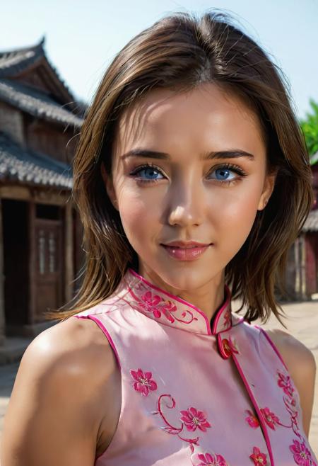 Cute beautiful girl, standing in an old village,  wearing pink cheongsam, hair ornament, light makeup, (detailed face, perfect face, perfect eyes, realistic eyes, expressive eyes), looking at viewer, outdoors, (masterpiece), ((ultra-detailed)), (highly detailed), (expressionless), (best quality:1.2), (1girl:1.2), High quality texture, intricate details, detailed texture, High quality shadow, depth of field, perspective, perfect body, distinct_image, (lustrous skin), solo focus