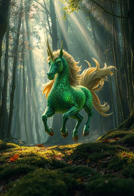 A majestic Kirin, a mythical creature from Japanese folklore, running gracefully through a dense, mystical Japanese forest. The Kirin has a golden mane, shimmering emerald-green scales, and intricate luminous patterns glowing softly across its body. The forest is alive with tall moss-covered trees, delicate bamboo groves, and a serene mist hanging in the air. Sunbeams pierce through the thick canopy, casting dappled light onto the forest floor covered in soft moss and scattered autumn leaves. The scene is vibrant, ethereal, and magical, emphasizing motion, elegance, and the 
mythical aura of the Kirin.
