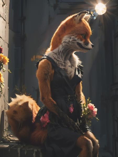 oil painting, side-view silhouette of a sexy outfit stnerfx fox wearing clothes, cinematic, dramatic shadows, captivating, flashlight, annoying lens flare, stupid bloom,   <lora:- SDXL - stnerfx _Stoned_Fox_Style_V4.0:.8>