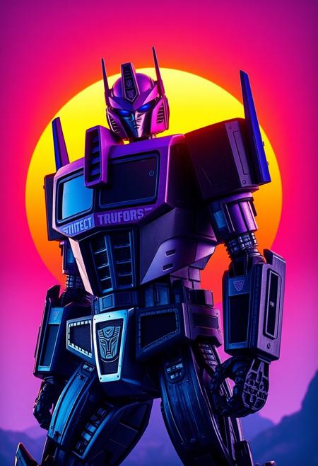 Purple and black Optimus Prime cowboy shot cinematic photograph with an orange and blue synthwave sun background. Slightly turned. Decepticon.