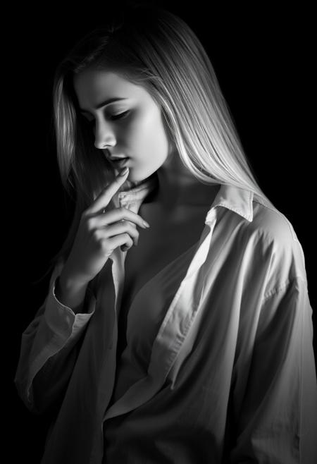 A black and white portrait of a young blonde woman with long, straight hair cascading over her right shoulder, (partially covering her chest:1.5).( She is facing to the right, captured in a profile view:1.1), with her gaze cast downwards in a pensive and introspective manner. The lighting is soft, illuminating the left side of her body while the right side remains mostly in shadow, creating a delicate interplay of light and dark. She is wearing an oversized, lightweight shirt,( unbuttoned at the front:1.6 ), (revealing part of her left (breast:1.7). ((Her right hand gently holds the shirt's collar, bringing it softly to her lips, adding a sense of shyness and vulnerability:1.8)). Her fingers are slender, and her expression is calm and reflective, with her lips slightly parted in a delicate, dreamy gesture. The background is entirely dark, enhancing the focus on her illuminated figure, while her body language suggests intimacy and introspection. The soft texture of the shirt catches the light, creating subtle folds that add depth to the scene. The overall atmosphere is sensual yet understated, evoking a timeless elegance. The use of black and white adds a classic feel, emphasizing the emotion and contrast between light and shadow