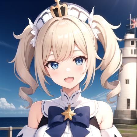 ((masterpiece)),(best quality),official art,extremely detailed CG,unity 8k wallpaper,ultra detailed,A lighthouse on a cliff by the sea,1girl,solo,upper body,(portrait:1.2),looking at viewer,twintails,;d,blue_eyes,long_hair,white_dress,white_pantyhose,blonde_hair,star_\(symbol\),hat,twin_drills,drill_hair,bangs,latin_cross,blue bow,hair_ornament,frilled_dress,long_sleeves,bare_shoulders,white_headwear,detached_sleeves,medium breasts,<lora:Barbara(gen)>,