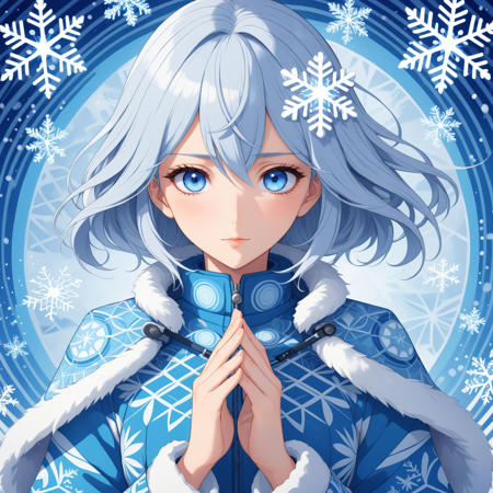 anime artwork illustration of  a 35 year old woman with snow-inspired macroscopic patterns. bright blue eyes. Highlight concentric circles, dendritic, and lattice patterns in her clothing and background, using a wintry palette of blues, whites, and silvers. Aim for a serene expression and soft, diffused lighting to emphasize the delicate snowflake textures . anime style, key visual, vibrant, studio anime,  highly detailed