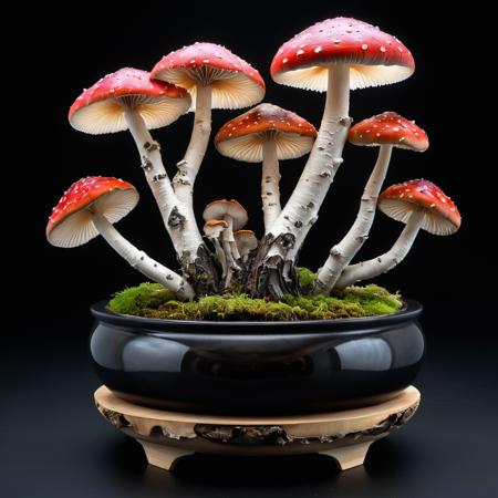 mysterious translucent transparent glass mushroom mixed with birch tree in slimy black bonsai pot, intricate and hyperdetailed raw photography by  Lee Jeffries, Joe Fenton, Andree Wallin, Killian eng, Sung Choi, album cover art, amazing depth, perfect ratio, hdr, perfect balanced styles, magical, intense back light, stunning soft smoke, impressive masterwork by head of prompt engineering, hyperkraximalism  <lora:hyperkraximalism:0.3>
