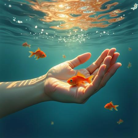 An artistic digital painting of a hand partially submerged in clear, reflective water. The water surface is illuminated with soft, golden sunlight, creating shimmering highlights. The hand is gently holding a small, orange-gold fish, and more fish can be seen swimming nearby. The overall color palette is dominated by deep blues and warm golds, creating a tranquil and serene atmosphere. The scene is captured from a close-up perspective, emphasizing the details in the hand, water, and fish, with a dreamy, painterly style