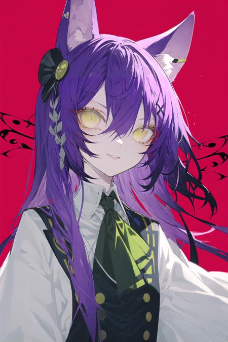 long hair, 1girl, solo, yellow eyes, ascot, smile, animal ears, purple hair, hair between eyes, upper body, bangs, red hair, brooch, parted lips ,
///////////  <lora:kotrou020-000200:1>, <lora:ç»ä¸½çåå½±:0.2>,<lora:add_detail:0.35>, <lora:adaptedmodel:0.35>