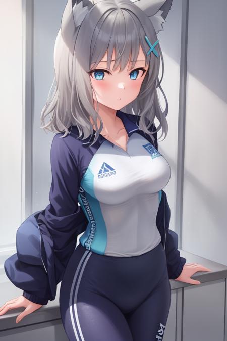 1girl,shiroko (blue archive),hair ornament,extra ears, medium hair,blue eyes, grey hair, cat ears, <lora:baizi_new_old:0.9>，(baizi_sportclothes), masterpiece, best quality,