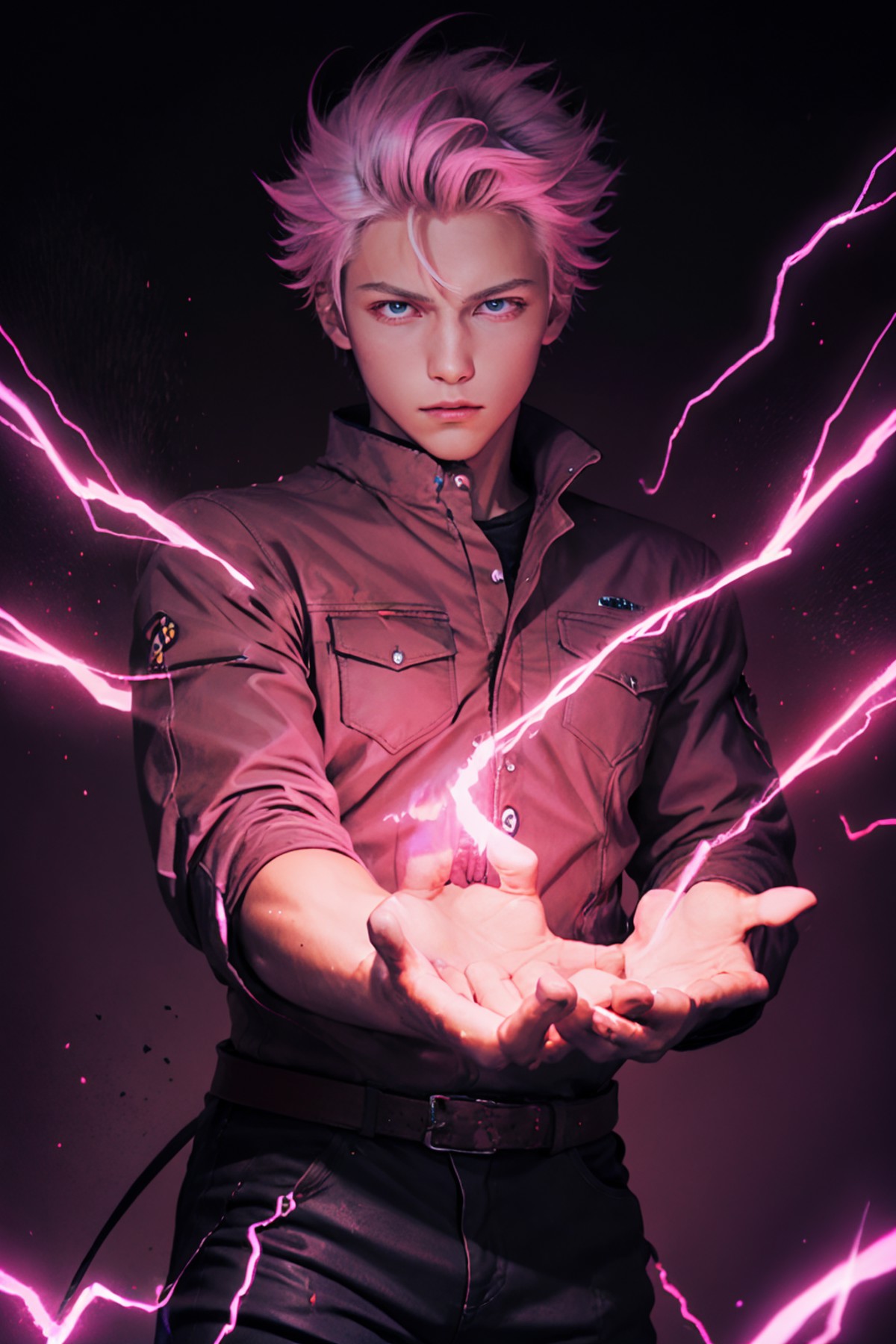 <lora:lightning_v1:0.4>,1boy,cowboy shot,pink electricity,pink aura,pink lightning,condense energy in his hands,