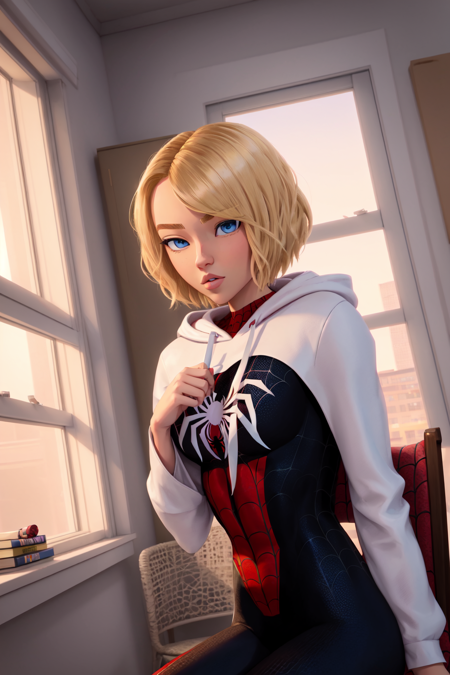 <lora:Spiderverse:0.8> Spiderverse Style, 1girl, blonde hair, blue eyes, bodysuit, chair, holding, hood, hood down, hooded bodysuit, parted lips, pen, portrait, short hair, solo, spider web print, superhero, window