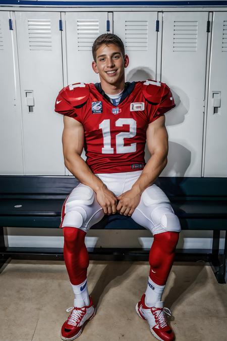 in an American football locker room, sitting on a bench, legs spread open, RenoGold, American football player wearing American football uniform, American football shoulder pads, ((red jersey)), jersey number 12, (white football pants and pads), white socks, black sneakers, smiling, masterpiece, (((full body portrait))), full body shot  <lora:RenoGold-000007:0.8>