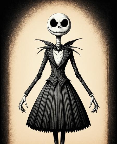 Jack Skellington
vector, illustration, flat shading, grainy texture, grain
Minimalist vector graphic style illustration,beautiful and dreamy,inspired by Tim Burton's cartoon,
with dance skirt 'tutu'
<lora:grainy-v1:0.7>