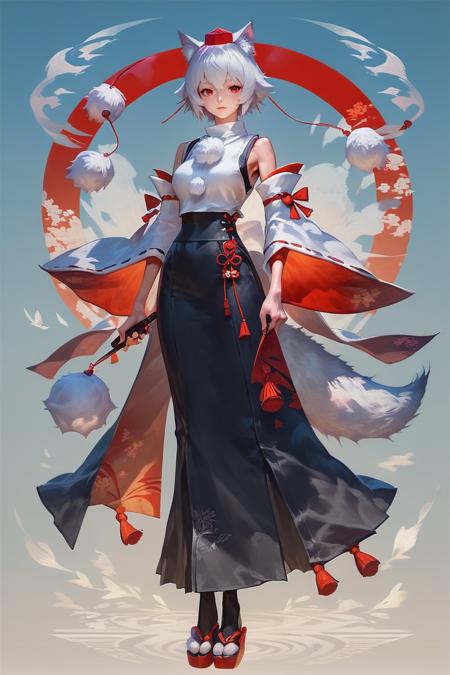  inubashiri momiji white hair, short hair, wolf ears, red eyes, tokin hat, detached sleeves, two-tone skirt