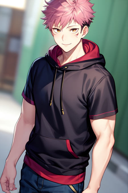 itadori yuuji pink hair spiked hair short hair undercut facial mark brown eyes