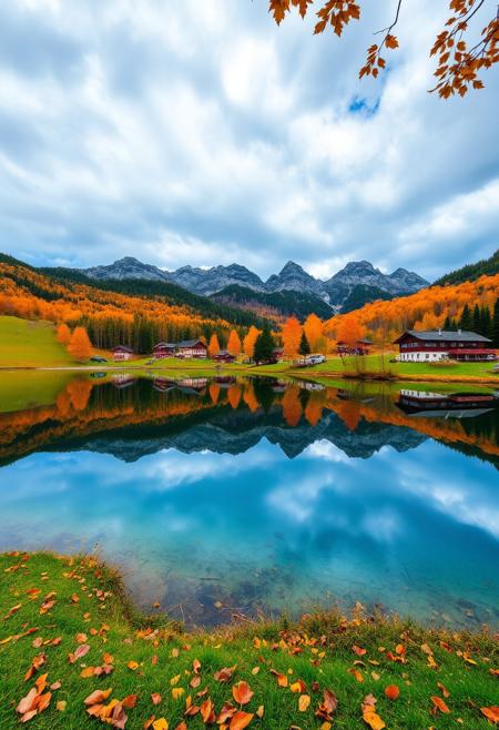 the picturesque autumn alps, green meadows and colorful trees are reflected on the clear water under the cloudy sky, i can't believe it is so beautiful, high resolution, canon eos style camera. beautiful mountains and waters, picturesque scenery, colorful fallen leaves, colorful reflections in the water, mirror lake, residential houses by mountains and forests, colorful autumn leaves.