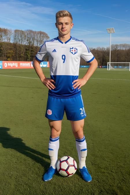 on a soccer field, PetoMohac, slight smile, wearing uniform of Slovak national soccer team, soccer ball, masterpiece, (((full body portrait))), wide angle, (looking at viewer),  <lora:PetoMohac-000008:0.8>