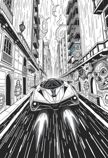 A high-speed futuristic vehicle racing through a narrow, rain-soaked urban canyon, surreal neoclassical design meets mythic anatolian grotesque, black-and-white illustration, ornamental symbolism, decorative repetition, mystical figures, anthropomorphic creatures, bold linework, intricate patterning, historical and folkloric fusion, uncanny elegance, dreamlike iconography, fantastical masks and faces, flat perspective, whimsical surrealism with dark undertones, Ottoman miniature influence, surreal classical portraiture, medieval myth imagery in graphic design form