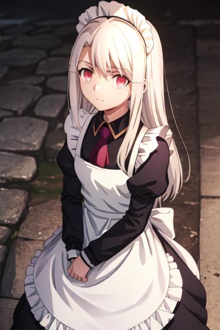 best quality, masterpiece, highres, solo, {maid:1.40}, {long maid dress:1.15}, {illyasviel_von_einzbern_fatestaynightufotable:1.15}, long_hair, white_hair, red_eyes, bangs, hair_between_eyes