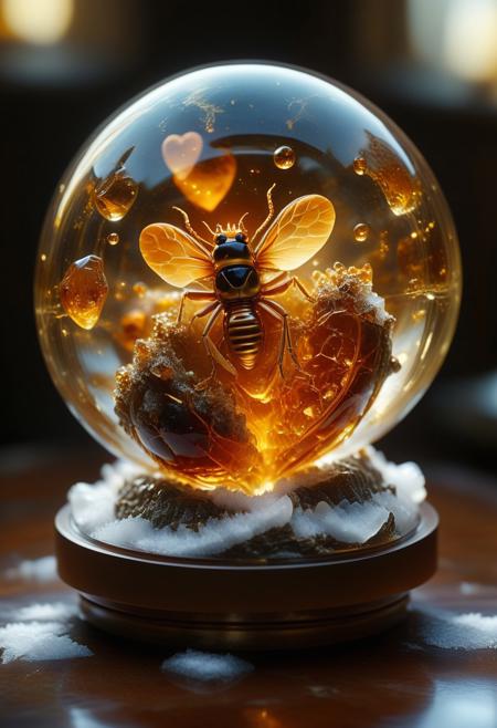 improved cinematic photo, 35mm photograph, film, professional, 4k, highly detailed,
An amber fragment enclosing a snow globe,
The amber fragment is a smooth, slightly irregular sphere, roughly the size of a marble, with a warm golden-brown hue. Its surface is polished, gleaming softly under light, revealing a mesmerizing play of golden, honey, and orange tones. Tiny air bubbles and organic inclusions are scattered throughout, lending it a sense of antiquity and natural complexity.
Inside, a perfectly preserved Human Heart lies suspended in time, its delicate body encased in the translucent amber.
Around the Human Heart, subtle striations and minute organic fragments, possibly plant material or dust, create a vignette that frames the insect. The amber’s clarity varies in places, with some sections slightly cloudy, further accentuating the Human Heart as the focal point. The fragment feels timeless, a tiny time capsule offering a glimpse into a prehistoric world millions of years ago