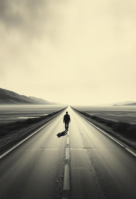 A lonely figure walking down a vast, empty road, their shadow stretching unnaturally behind them
surreal nightmarish realism, intricate ink cross-hatching with hyper-detailed painting, cinematic dramatic lighting, eerie ghostly landscapes, psychologically intense figures, twisted dreamlike horror, deep chiaroscuro shadows, dark atmospheric storytelling